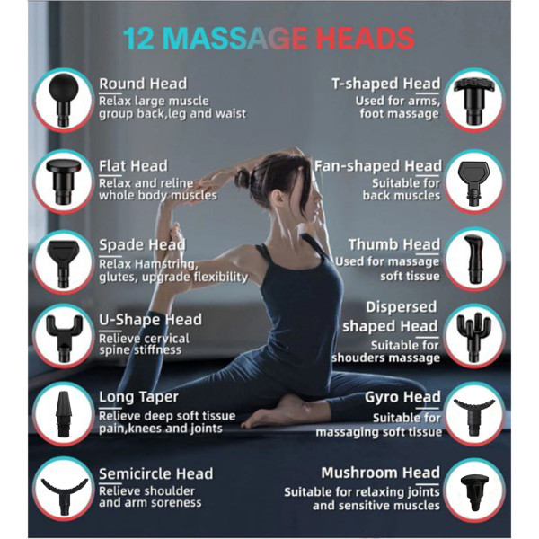 Ударний перкусійний масажер Massage Gun Max 30 режимів та 12 насадок з кейсом (Чорний)