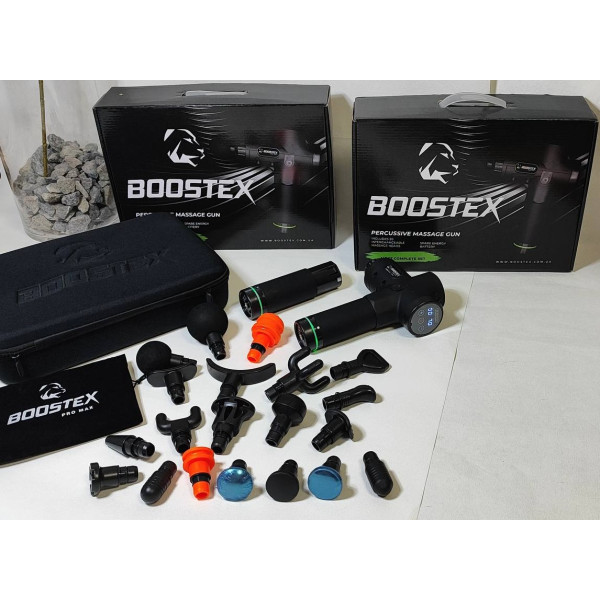 Модель 2024р. Ударний перкусійний масажер Boostex PRO MАХ-30 режимів +20 насадок +запасна батарея 2500am/h +кейс (Чорний) модель