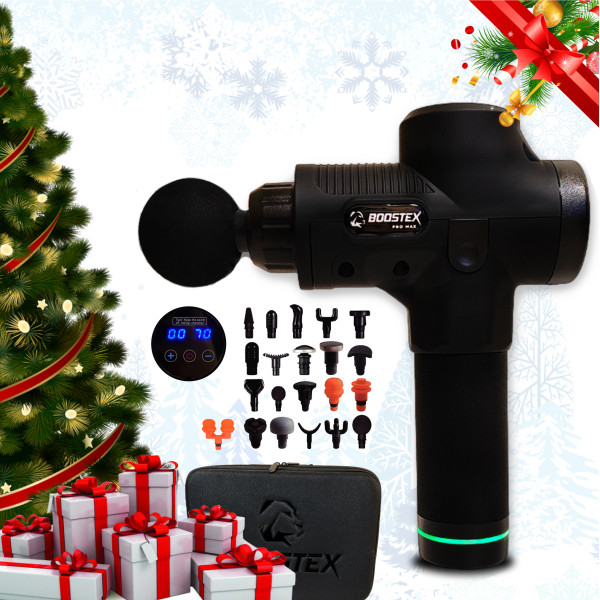 Ударний масажер Boostex (massage gun) з 30 режимами, 21 насадкою та акумулятором.