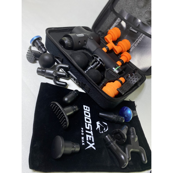 Ударний масажер Boostex (massage gun) з 30 режимами, 21 насадкою та акумулятором.