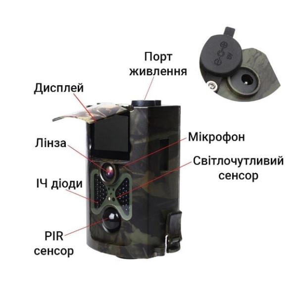 Фотопристрій Suntek HC 550A з датчиком руху та нічною зйомкою, дальність 25 м, кут огляду 120°, захист від вологи IP54.