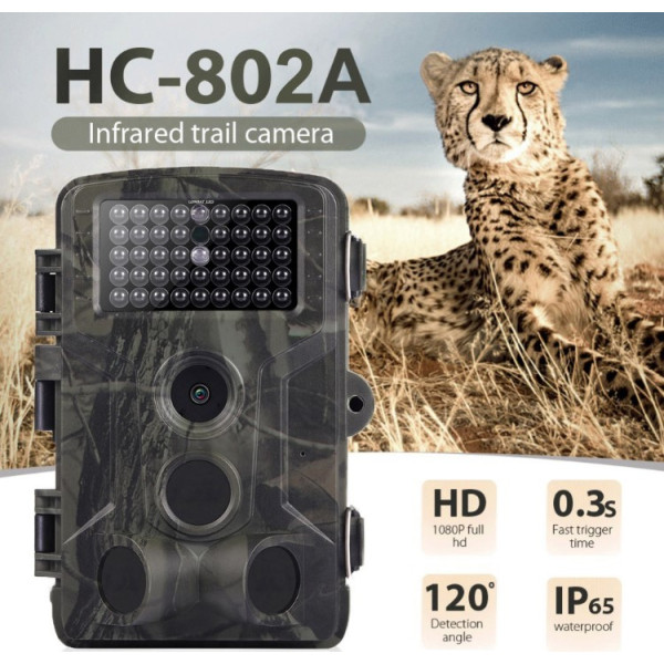 Фотопастка Suntek HC-802A з датчиком руху та нічним зніманням, огляд 120°, захист IP65, дальність 20м — ідеальна камера для охорони.