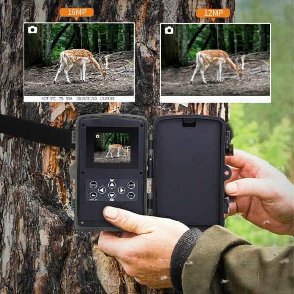 Фотоловушка Suntek HC 801A з дальністю 25 м, кутом огляду 120°, датчиком руху та нічною зйомкою, захистом від вологи та пилу IP65.