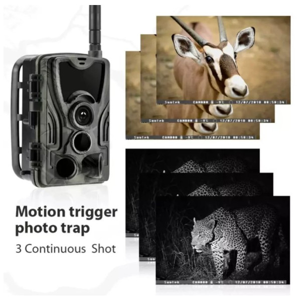 Фотоловушка Suntek HC 801A з дальністю 25 м, кутом огляду 120°, датчиком руху та нічною зйомкою, захистом від вологи та пилу IP65.