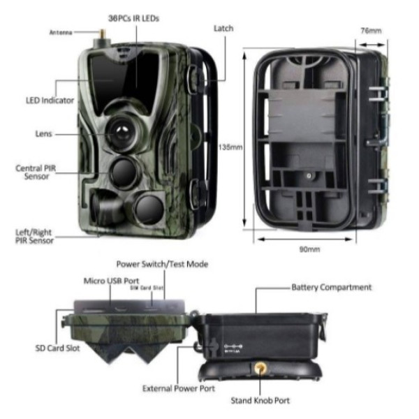 Фотоловушка Suntek HC 801A з дальністю 25 м, кутом огляду 120°, датчиком руху та нічною зйомкою, захистом від вологи та пилу IP65.