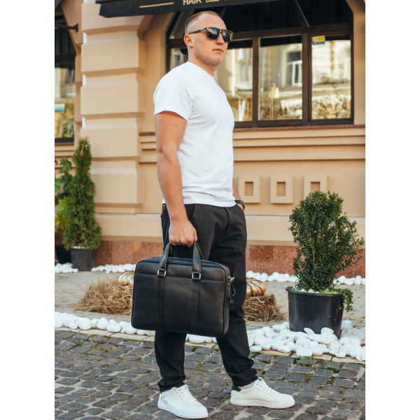 Шкіряна чоловіча сумка для документів та ноутбука 40x30x8, портфель для офіса SL-21511, чорний