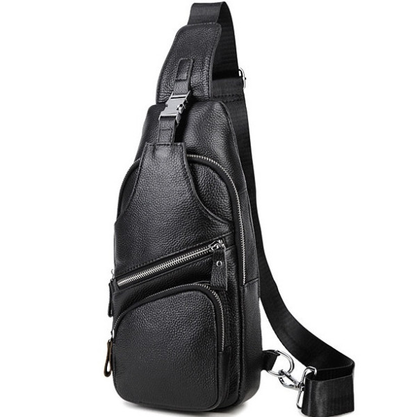 Сумка-слінг чоловіча на плече 17х32х7, нагрудний шкіряний рюкзак для міста TIDING BAG MK16094 чорний