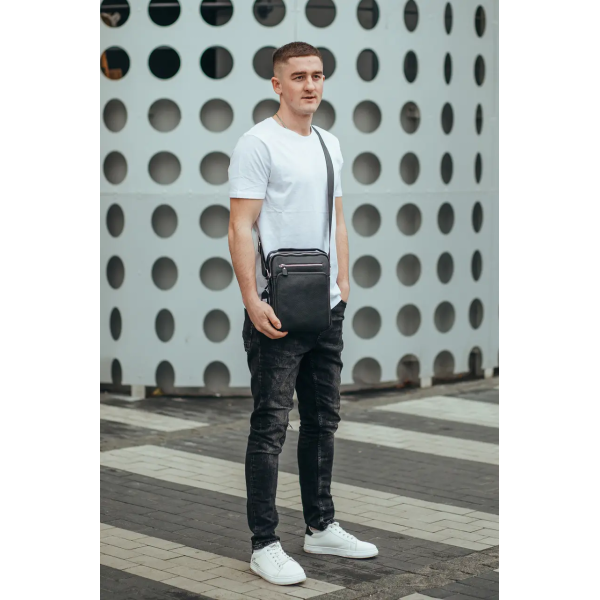 Шкіряна чоловіча сумка-барсетка 21х26х6, месенджер через плече з ручкою Tiding Bag M32432 чорний