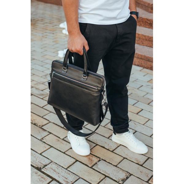 Шкіряна чоловіча сумка для документів та ноутбука 37х28.5х7, офісний діловий портфель Tiding Bag NV23712 чорний