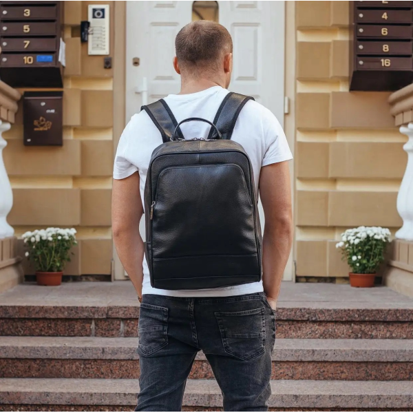 Рюкзак чоловічий шкіряний 28х40х14, міська сумка наплічна для ноутбука та документів, чорний