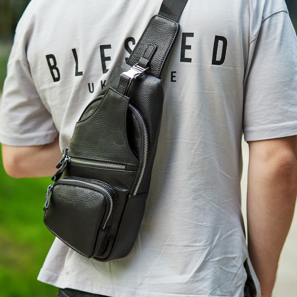Чоловіча шкіряна сумка-слінг 17х32х7, бананка для роботи та офісу TIDING BAG - MK-96303 чорна