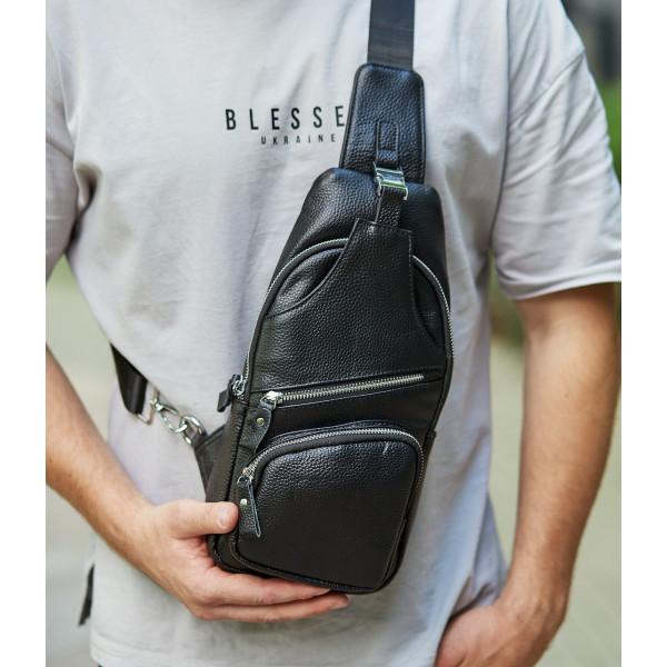 Чоловіча шкіряна сумка-слінг 17х32х7, бананка для роботи та офісу TIDING BAG - MK-96303 чорна