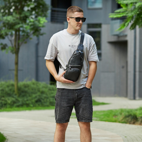 Чоловіча шкіряна сумка-слінг 17х32х7, бананка для роботи та офісу TIDING BAG - MK-96303 чорна