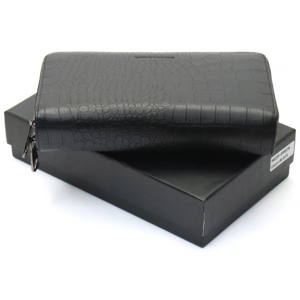 Чорний гаманець-клатч на дві блискавки із фактурної натуральної шкіри Marco Coverna MCJP-5902B