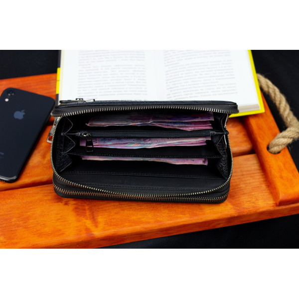 Чорний гаманець-клатч на дві блискавки із фактурної натуральної шкіри Marco Coverna MCJP-5902B