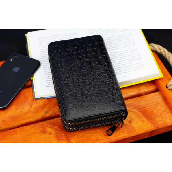 Чорний гаманець-клатч на дві блискавки із фактурної натуральної шкіри Marco Coverna MCJP-5902B