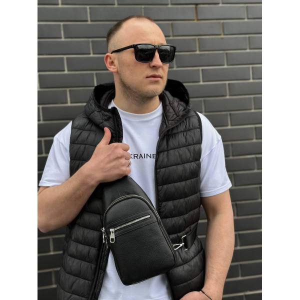 Чоловіча сумка-бананка через плече 18х32х7, рюкзак унісекс на груди з натуральної шкіри TIDING BAG 3280 чорний