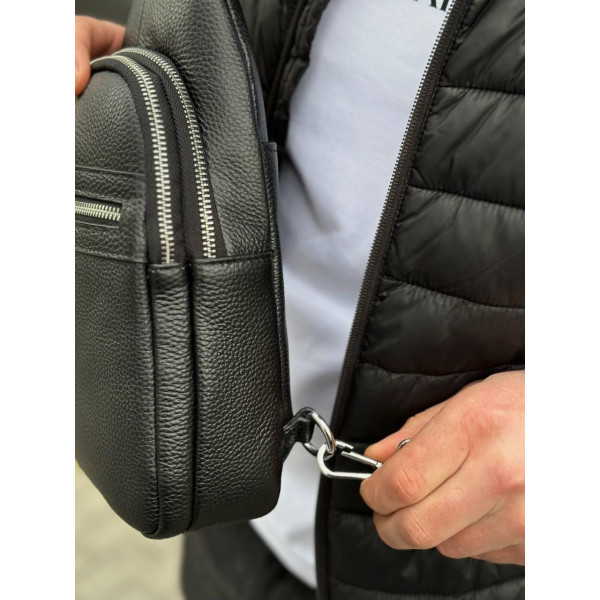 Чоловіча сумка-бананка через плече 18х32х7, рюкзак унісекс на груди з натуральної шкіри TIDING BAG 3280 чорний