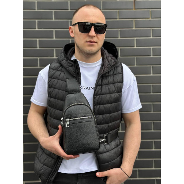 Чоловіча сумка-бананка через плече 18х32х7, рюкзак унісекс на груди з натуральної шкіри TIDING BAG 3280 чорний