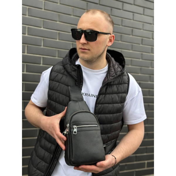 Чоловіча сумка-бананка через плече 18х32х7, рюкзак унісекс на груди з натуральної шкіри TIDING BAG 3280 чорний