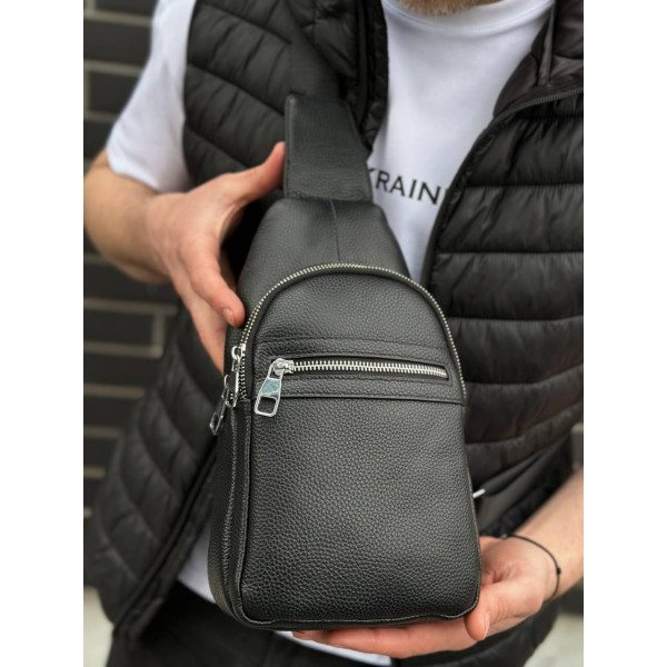 Чоловіча сумка-бананка через плече 18х32х7, рюкзак унісекс на груди з натуральної шкіри TIDING BAG 3280 чорний