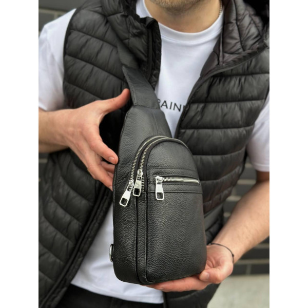 Чоловіча сумка-бананка через плече 18х32х7, рюкзак унісекс на груди з натуральної шкіри TIDING BAG 3280 чорний