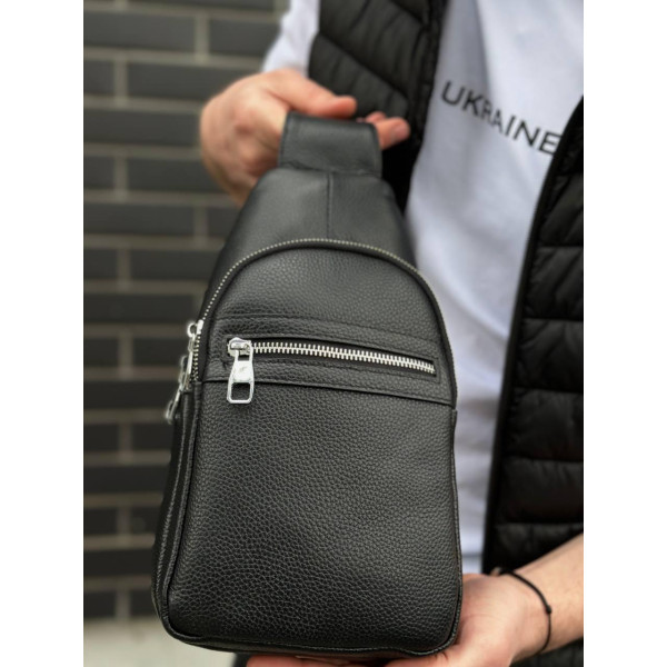 Чоловіча сумка-бананка через плече 18х32х7, рюкзак унісекс на груди з натуральної шкіри TIDING BAG 3280 чорний