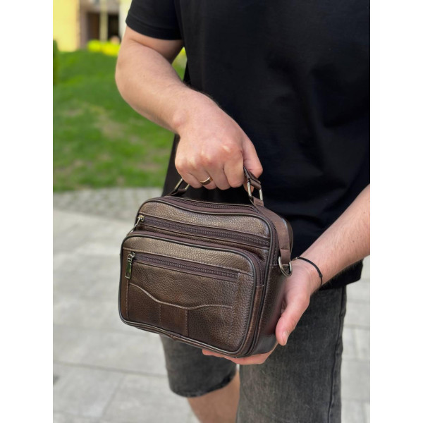 Чоловіча шкіряна сумка барсетка 23х19х7, месенджер через плече з коричневою ручкою BEXHILL 61881B