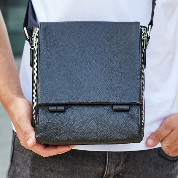 Шкіряна чоловіча сумка-месенджер 21x24x6, барсетка з натуральної шкіри Tiding Bag 9389 чорна