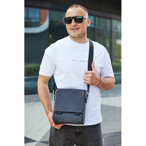 Шкіряна чоловіча сумка-месенджер 21x24x6, барсетка з натуральної шкіри Tiding Bag 9389 чорна