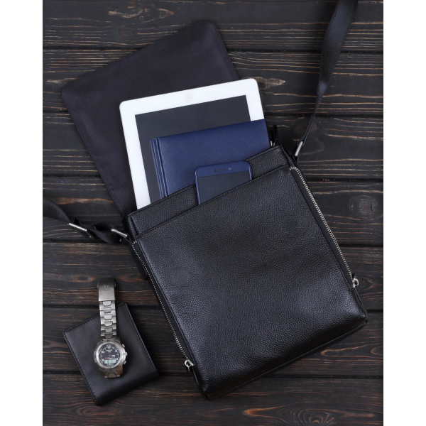 Шкіряна чоловіча сумка-месенджер 21x24x6, барсетка з натуральної шкіри Tiding Bag 9389 чорна