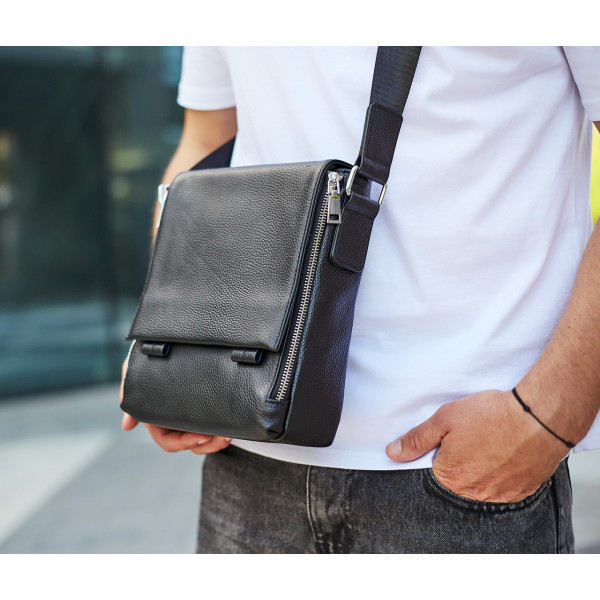 Шкіряна чоловіча сумка-месенджер 21x24x6, барсетка з натуральної шкіри Tiding Bag 9389 чорна