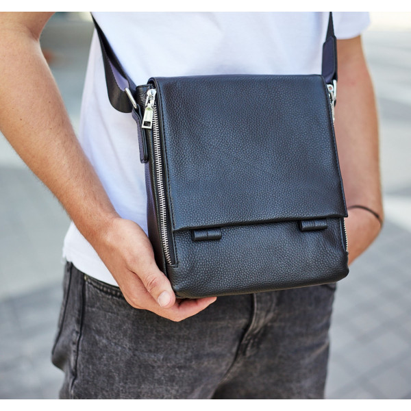 Шкіряна чоловіча сумка-месенджер 21x24x6, барсетка з натуральної шкіри Tiding Bag 9389 чорна