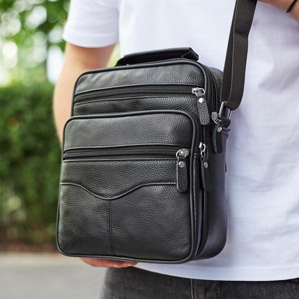 Чоловіча барсетка через плече 26х20.5х8 / месенджер наплічний з натуральної шкіри, чорний