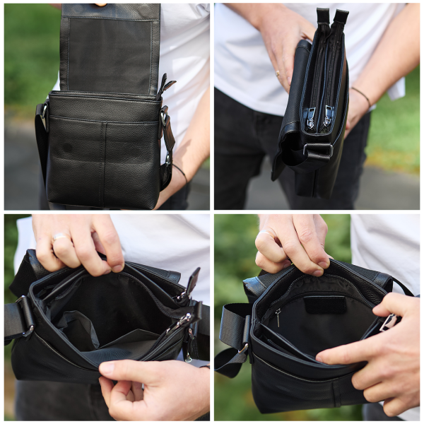 Шкіряна чоловіча сумка-месенджер 21х23х5.5, сумка планшет через плече Tiding Bag 48450 чорна