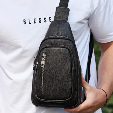 Сумка слінг чоловіча через плече 19х31х7, нагрудна сумочка рюкзак з натуральної шкіри TIDING BAG 32545 чорна