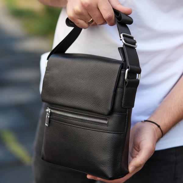 Шкіряна чоловіча сумка-месенджер 21х23х5.5, сумочка крос боді через плече чорна Tiding Bag 56230