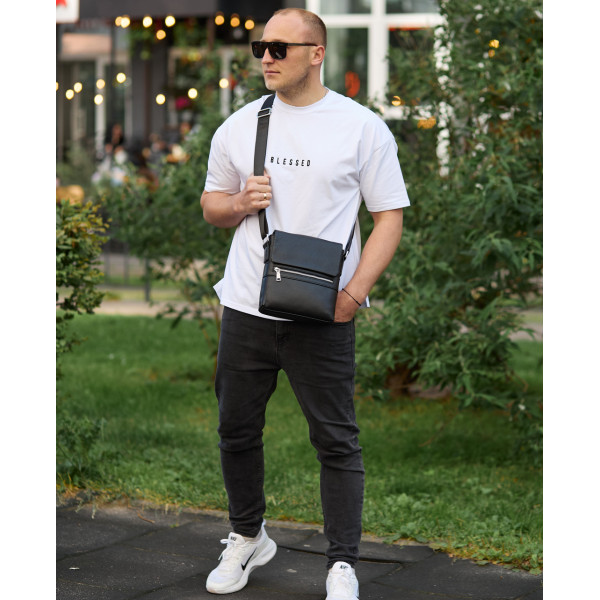 Шкіряна чоловіча сумка-месенджер 21х23х5.5, сумочка крос боді через плече чорна Tiding Bag 56230