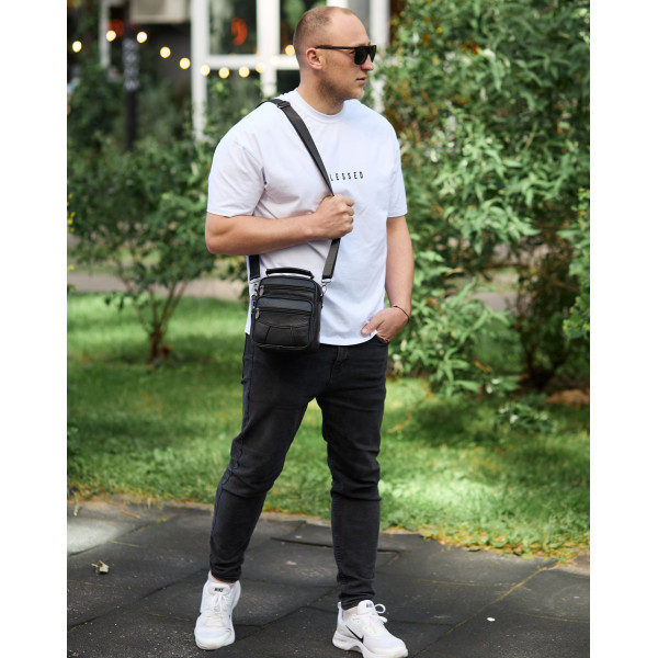 Чоловіча сумка-барсетка шкіряна 17x21x9, сумочка планшет для гаджетів Tiding Bag 32051 чорна