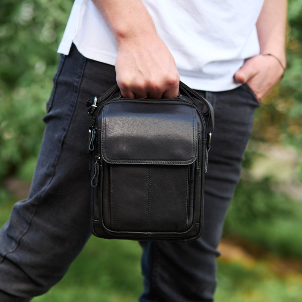 Сумка-барсетка чоловіча через плече 22х18х8, месенджер шкіряний гладкий Tiding Bag TD-55467 чорний колір