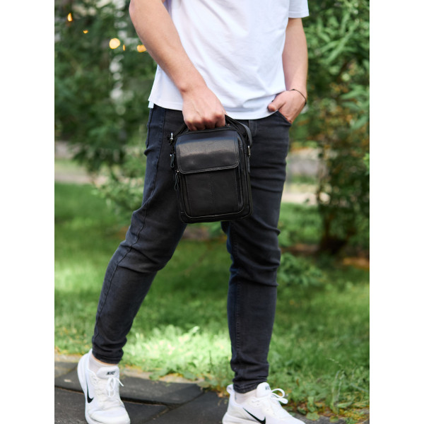 Сумка-барсетка чоловіча через плече 22х18х8, месенджер шкіряний гладкий Tiding Bag TD-55467 чорний колір