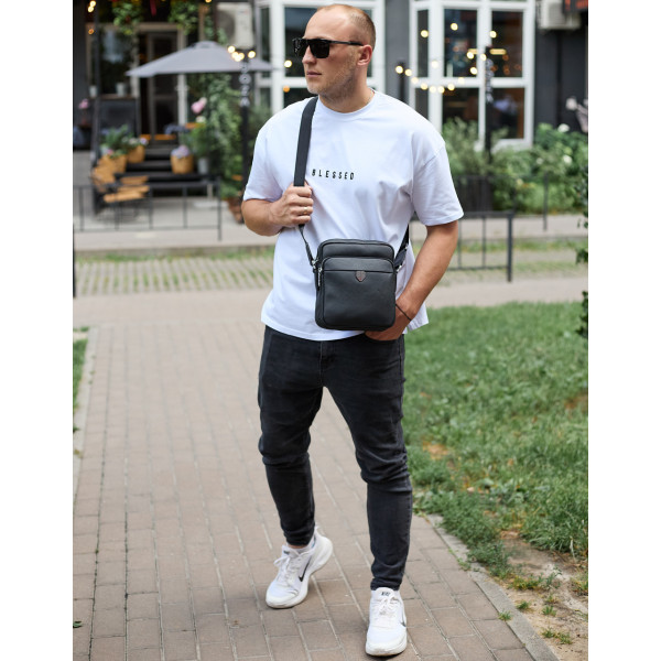 Чоловіча шкіряна сумка-барсетка 24х20х8, компактна сумочка на плече для чоловіка, наплічний месенджер, чорна