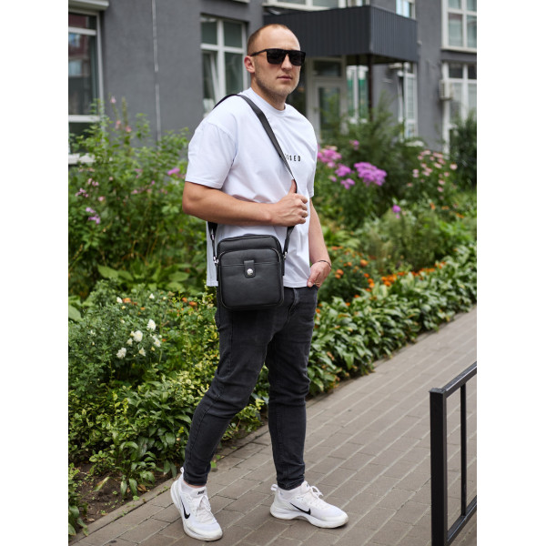 Чоловіча шкіряна універсальна сумка 24х20х8, барсетка зі шкіри, сумочка для чоловіків з регулюванням ручки, чорна