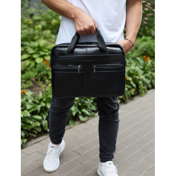 Чоловічий портфель для ноутбука 38х28х8, офісна шкіряна сумочка, міська чоловіча ділова сумка, чорна