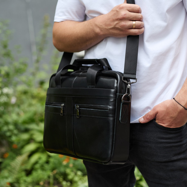 Чоловічий портфель для ноутбука 38х28х8, офісна шкіряна сумочка, міська чоловіча ділова сумка, чорна
