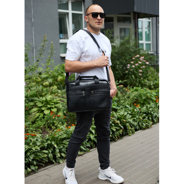 Чоловічий портфель для ноутбука 38х28х8, офісна шкіряна сумочка, міська чоловіча ділова сумка, чорна