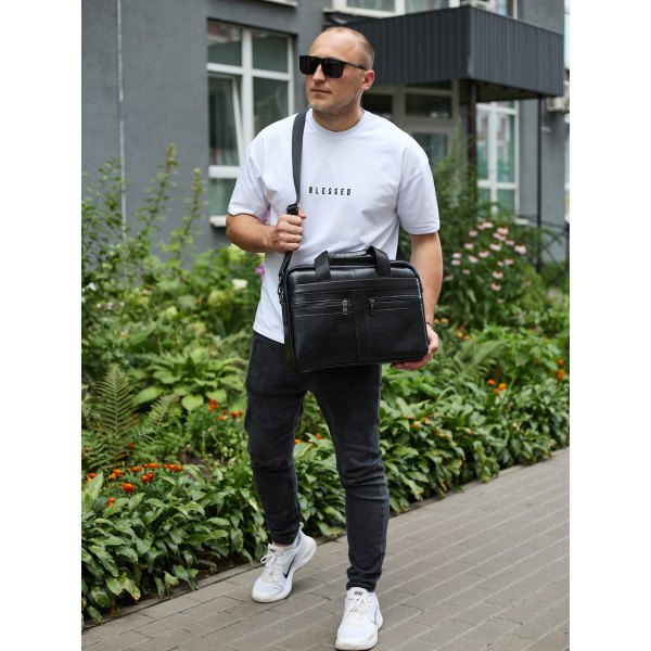Чоловічий портфель для ноутбука 38х28х8, офісна шкіряна сумочка, міська чоловіча ділова сумка, чорна