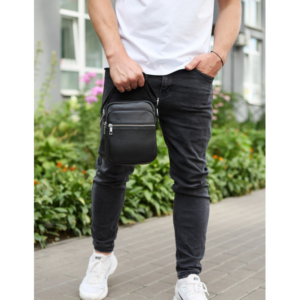 Чоловіча шкіряна барсетка 21х17х7, сумка для міста, компактний месенджер для щоденного використання, чорна