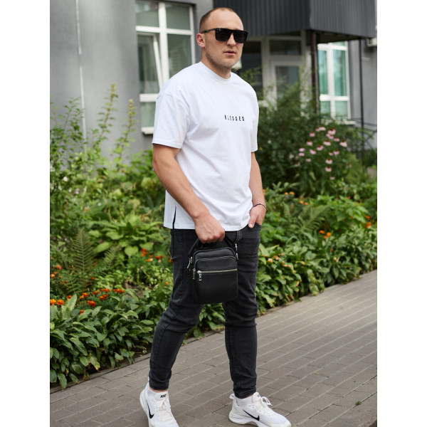 Чоловіча шкіряна барсетка 21х17х7, сумка для міста, компактний месенджер для щоденного використання, чорна