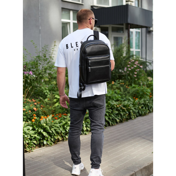 Міський чоловічий рюкзак із натуральної шкіри 41х30х17, наплічна сумка для ноутбука та документів, чорний